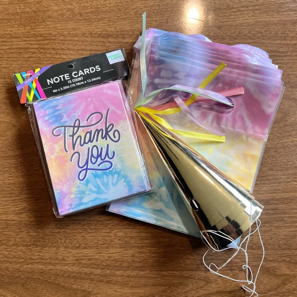Tie Dye Thank You Note Cards, Gift Bags, & Party Hats Bundle